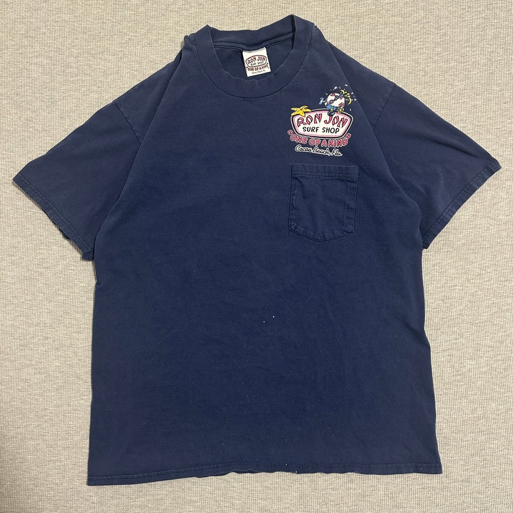 Vintage Ron Jon Surf Shop I Don't Do Mornings Shark Pocket Tee Navy Large